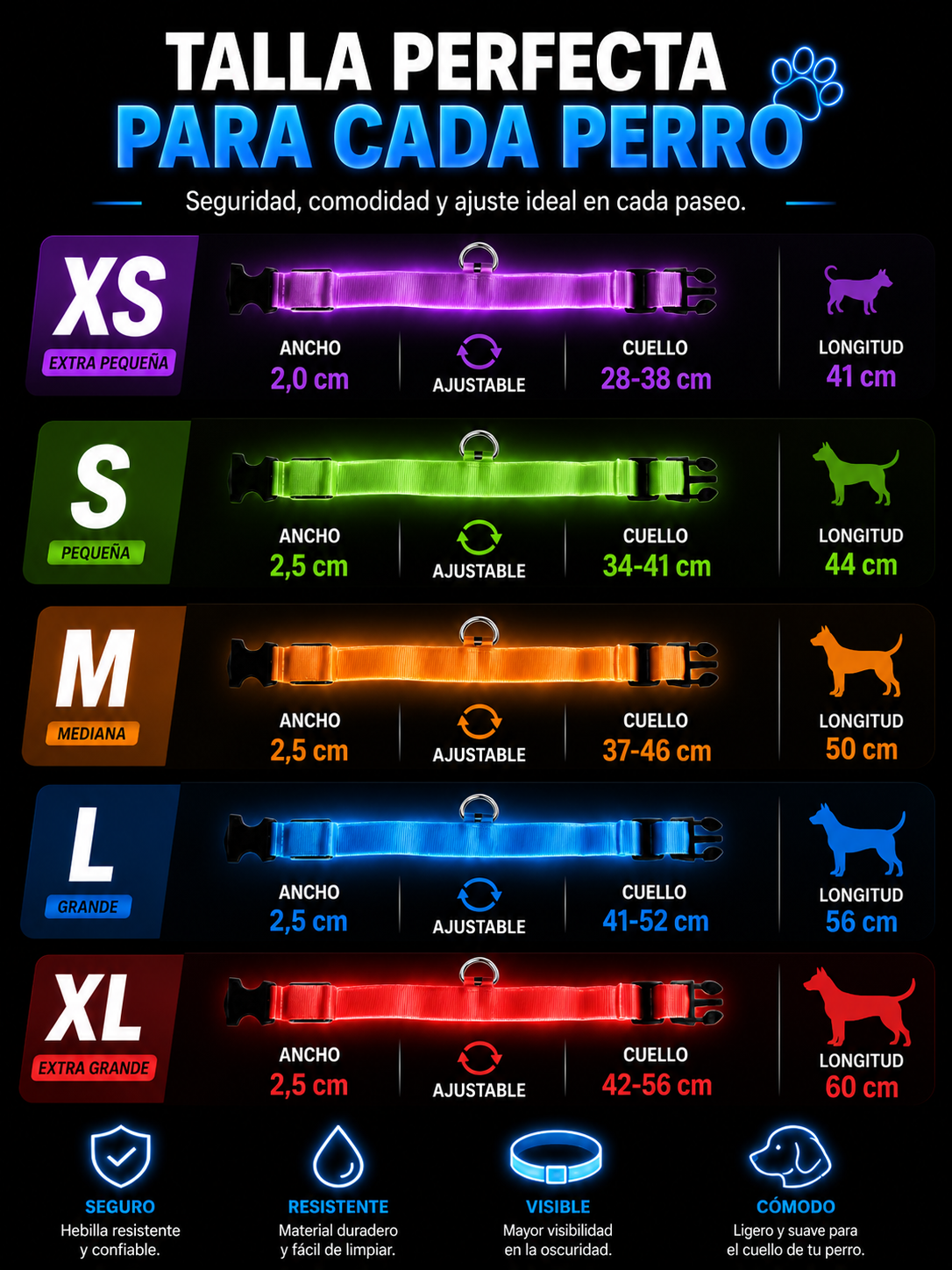 Collar Luminoso LED de Seguridad para Perros