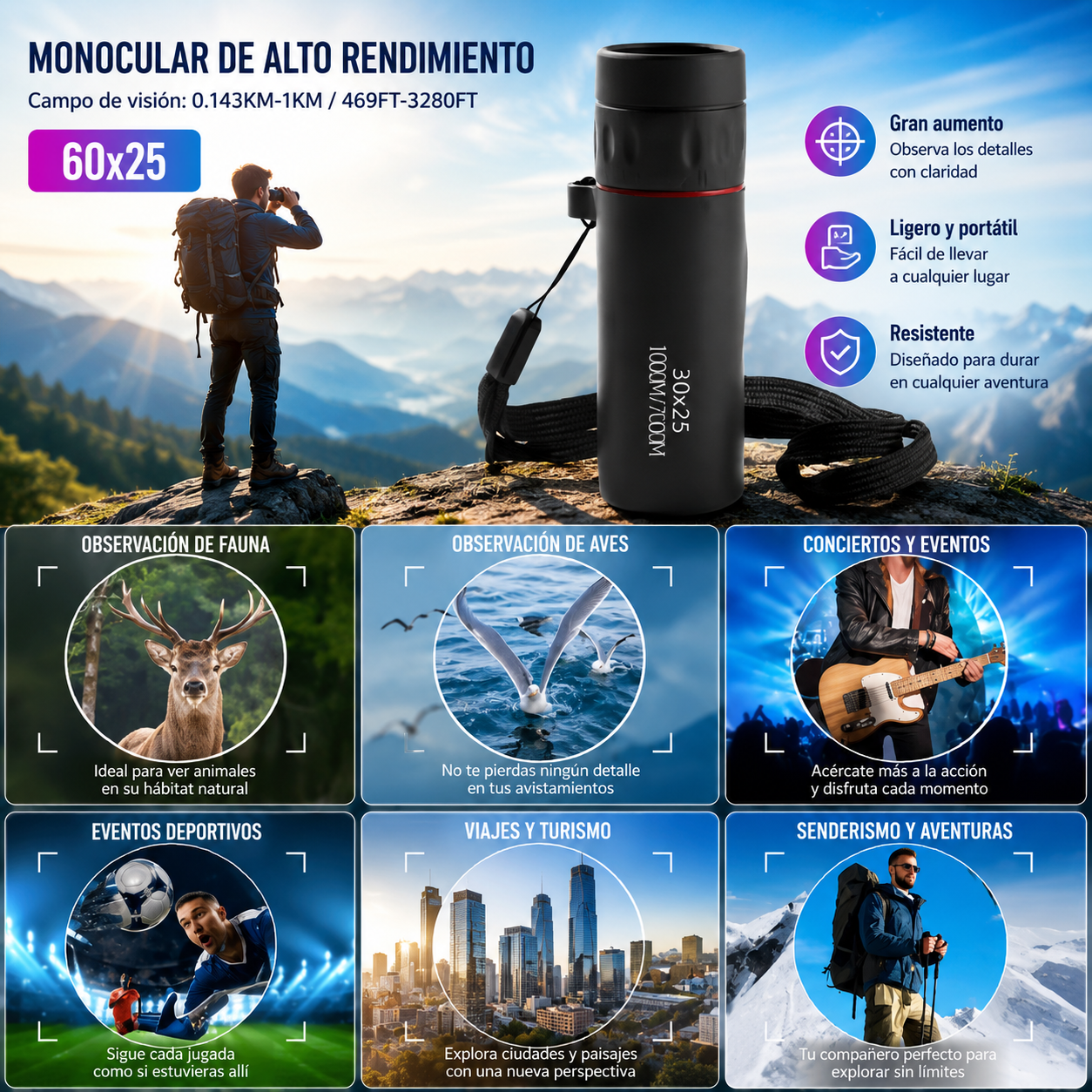 Monocular Portátil HD | Visión de Largo Alcance para Aventuras y Viajes