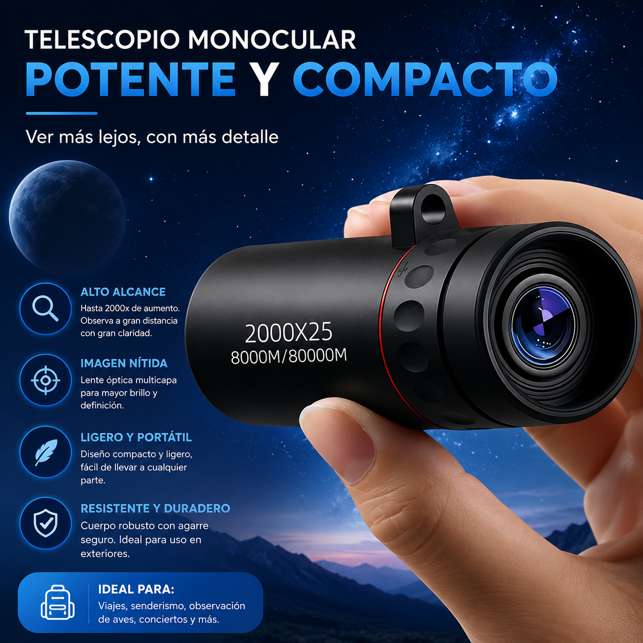 Monocular Portátil HD | Visión de Largo Alcance para Aventuras y Viajes