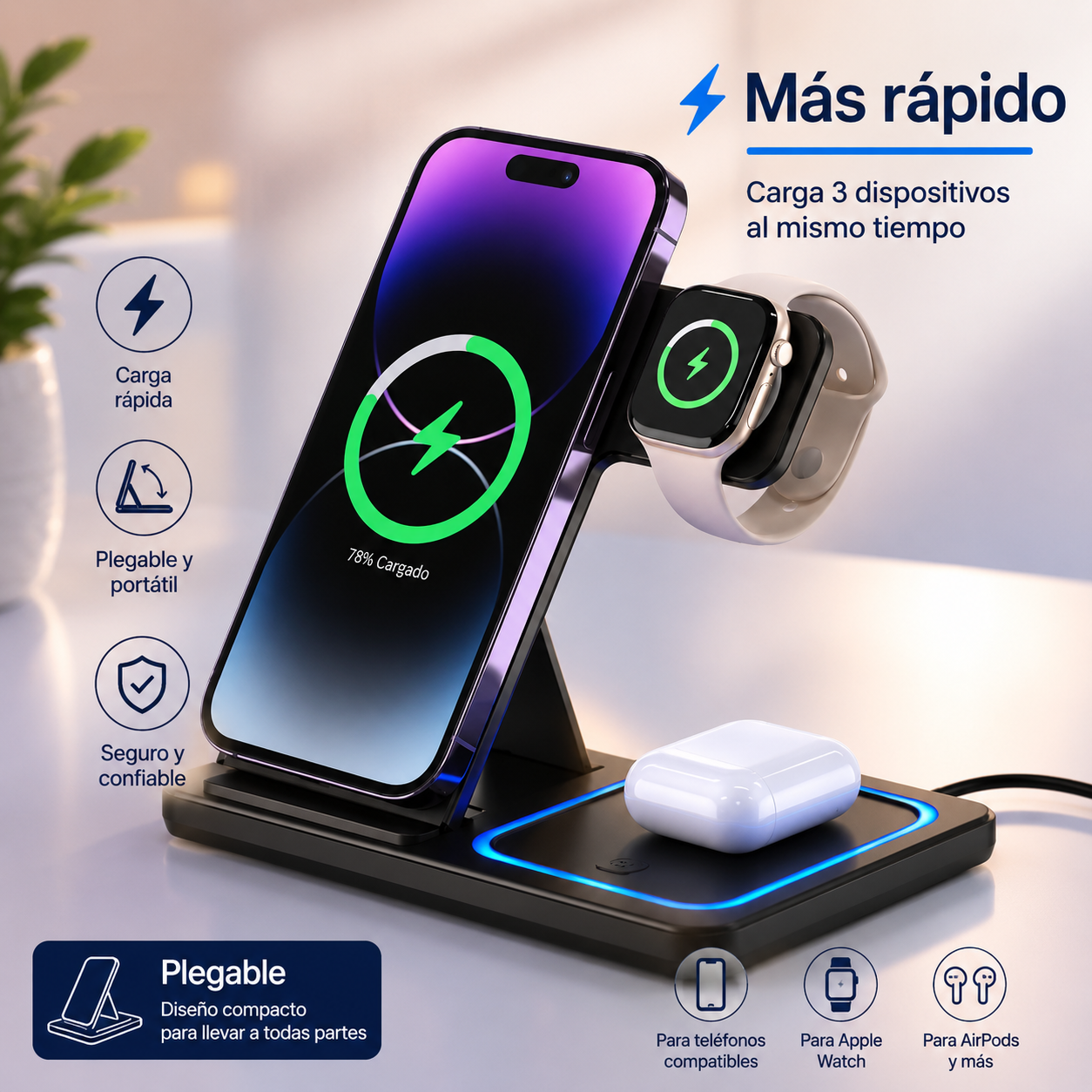 Estación de Carga Inalámbrica 3 en 1 Plegable | Carga Rápida para iPhone, Apple Watch y AirPods