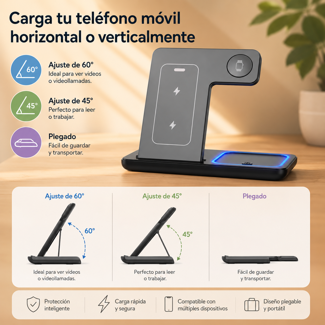 Estación de Carga Inalámbrica 3 en 1 Plegable | Carga Rápida para iPhone, Apple Watch y AirPods