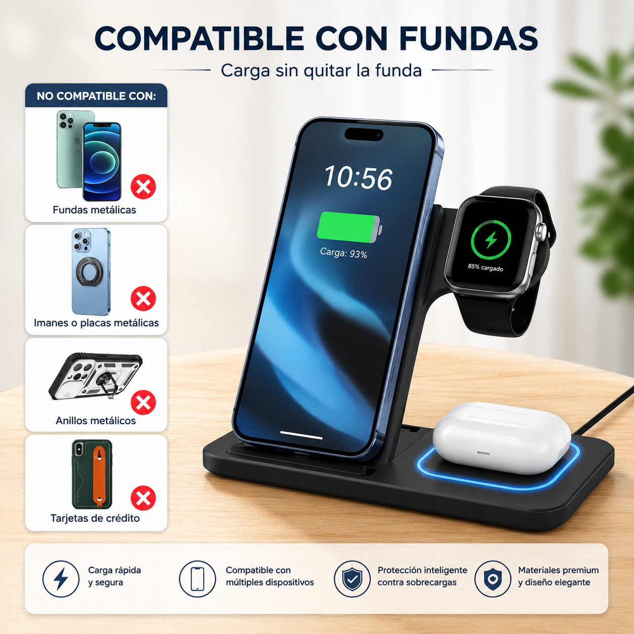 Estación de Carga Inalámbrica 3 en 1 Plegable | Carga Rápida para iPhone, Apple Watch y AirPods