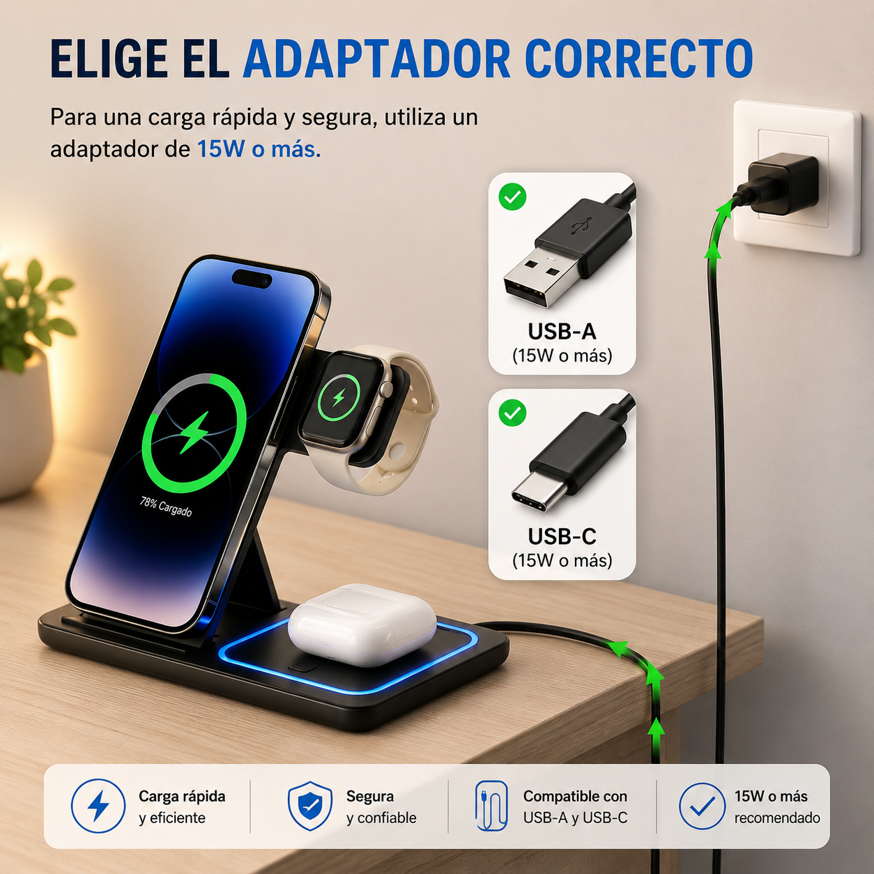 Estación de Carga Inalámbrica 3 en 1 Plegable | Carga Rápida para iPhone, Apple Watch y AirPods