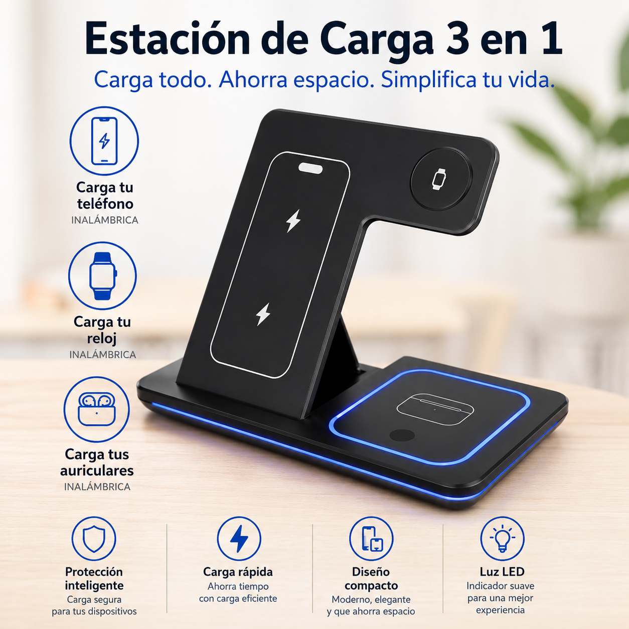 Estación de Carga Inalámbrica 3 en 1 Plegable | Carga Rápida para iPhone, Apple Watch y AirPods