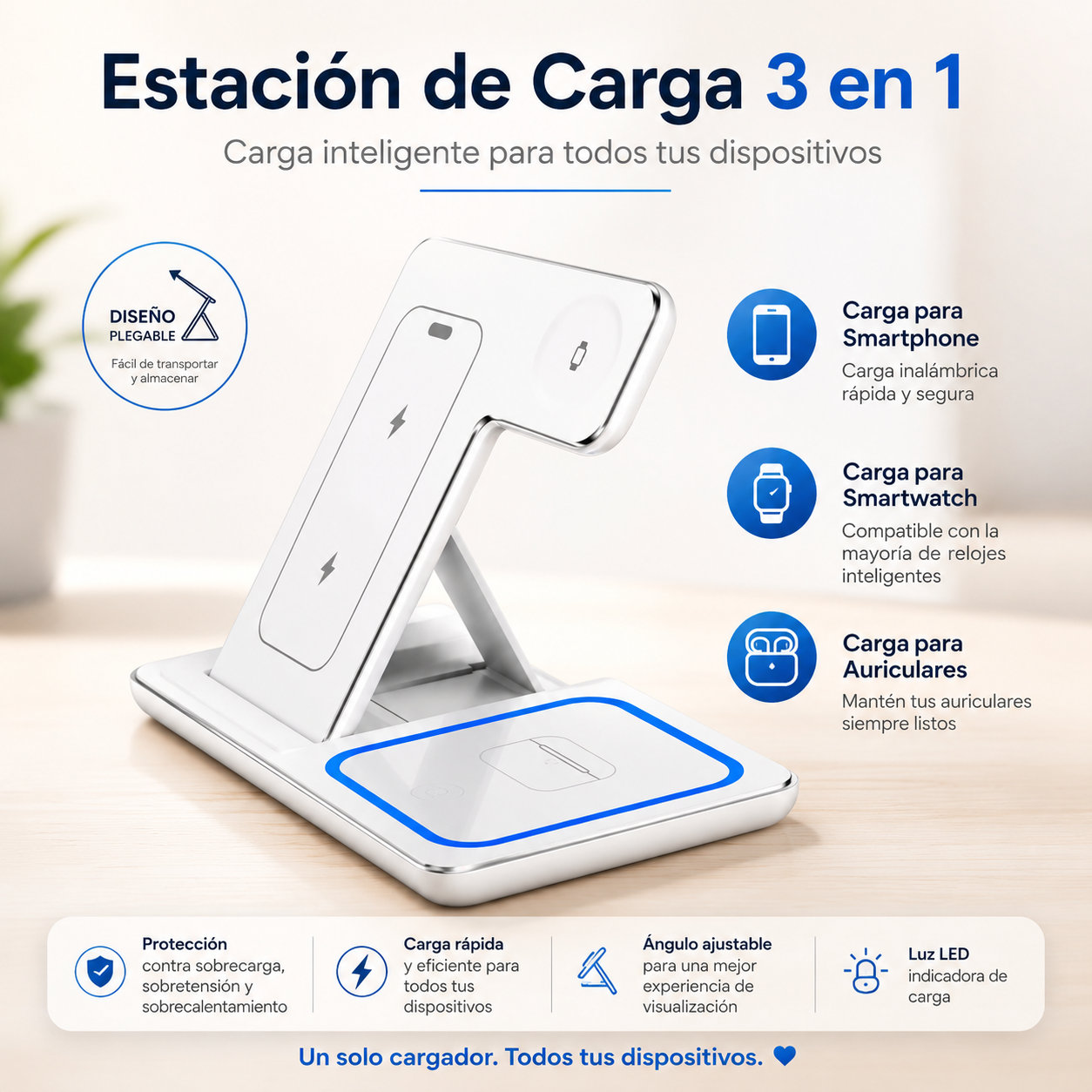 Estación de Carga Inalámbrica 3 en 1 Plegable | Carga Rápida para iPhone, Apple Watch y AirPods