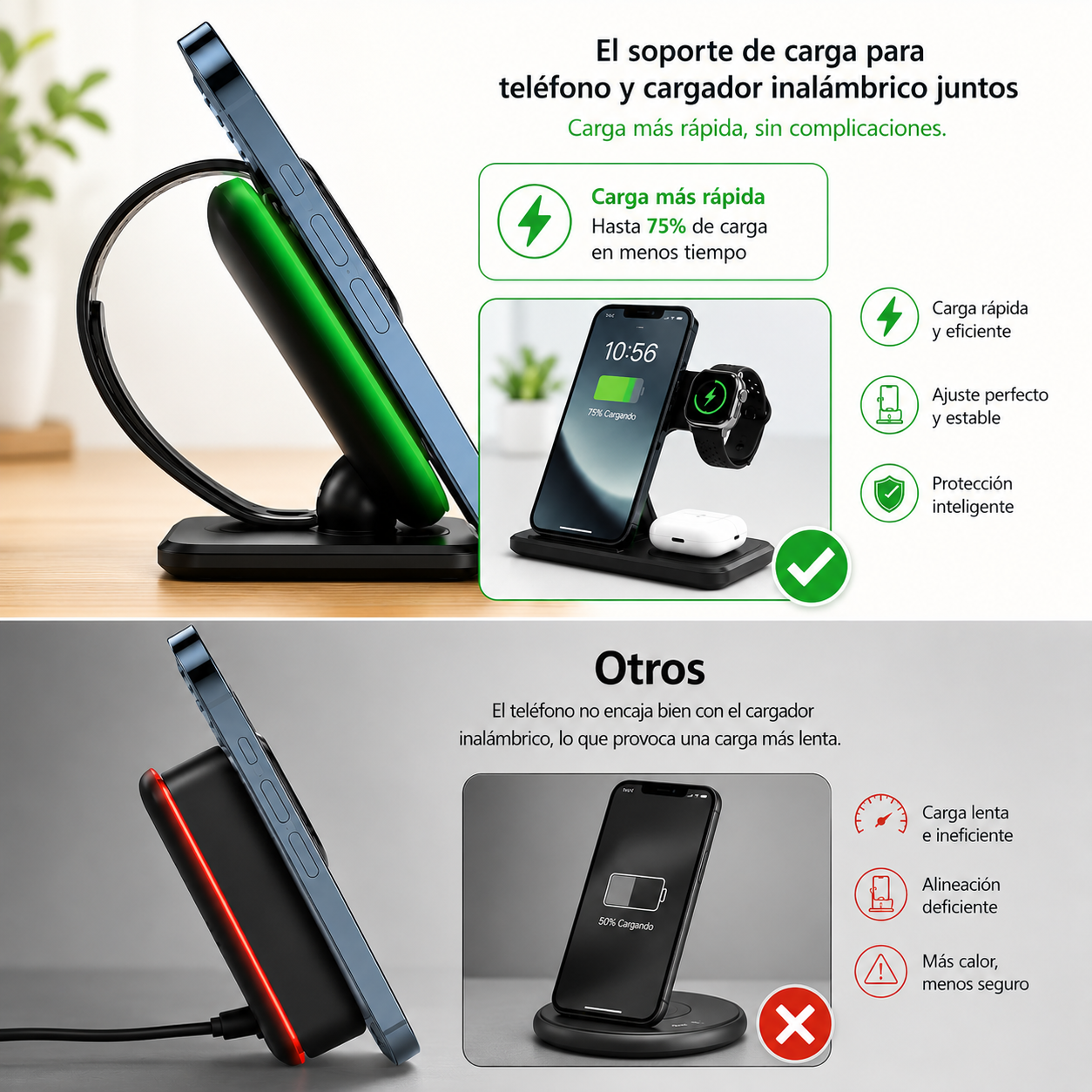 Estación de Carga Inalámbrica 3 en 1 Plegable | Carga Rápida para iPhone, Apple Watch y AirPods