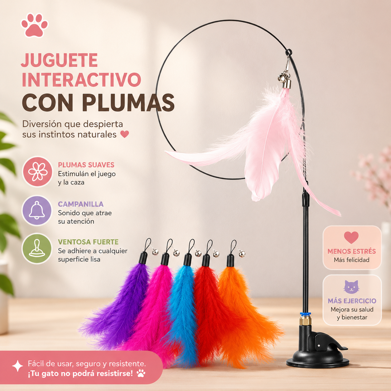 Juguete Interactivo para Gatos con Plumas y Ventosa