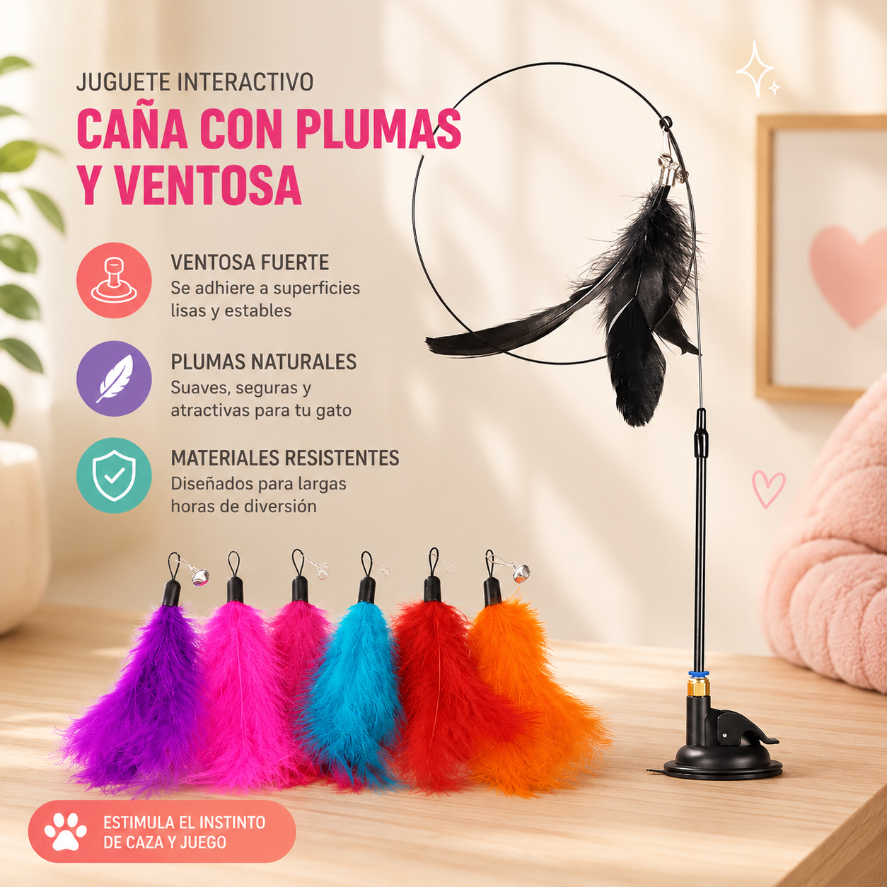 Juguete Interactivo para Gatos con Plumas y Ventosa