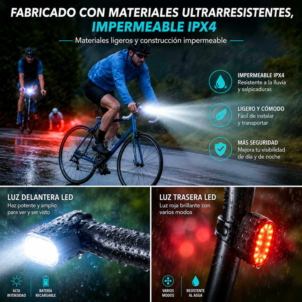 Luces LED Recargables USB para Bicicleta – Kit Delantero y Trasero Impermeable de Alta Visibilidad