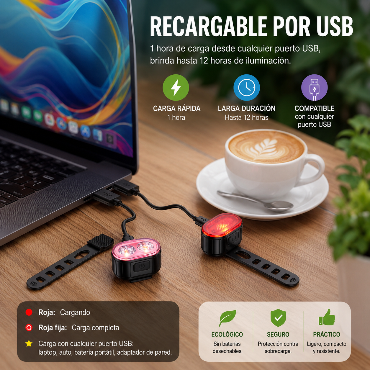 Luces LED Recargables USB para Bicicleta – Kit Delantero y Trasero Impermeable de Alta Visibilidad