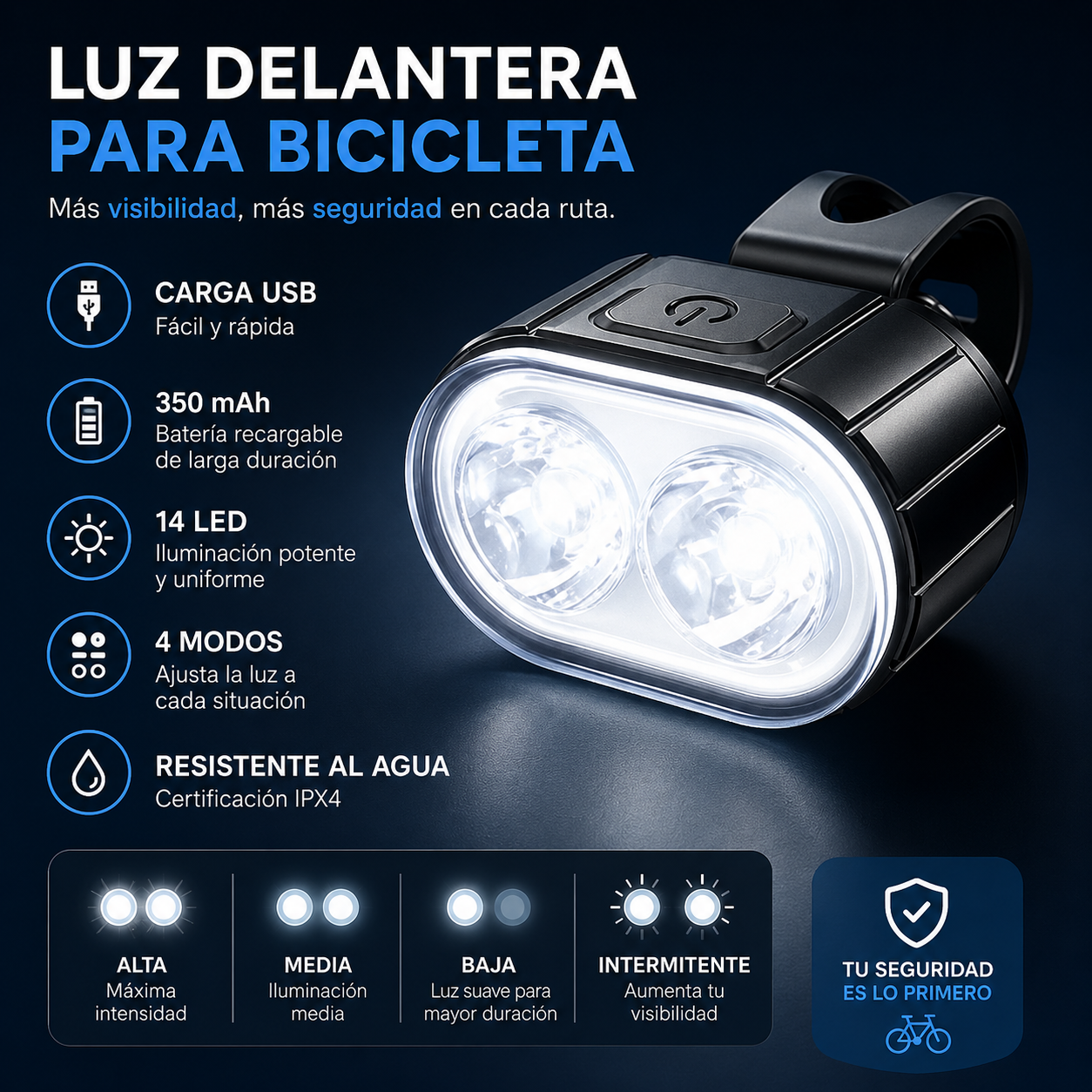 Luces LED Recargables USB para Bicicleta – Kit Delantero y Trasero Impermeable de Alta Visibilidad