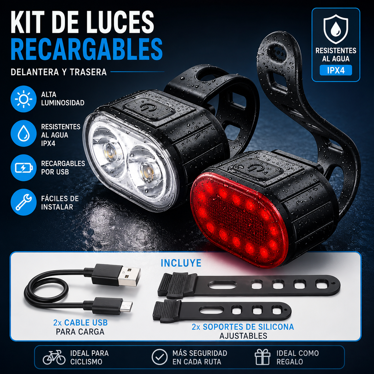 Luces LED Recargables USB para Bicicleta – Kit Delantero y Trasero Impermeable de Alta Visibilidad