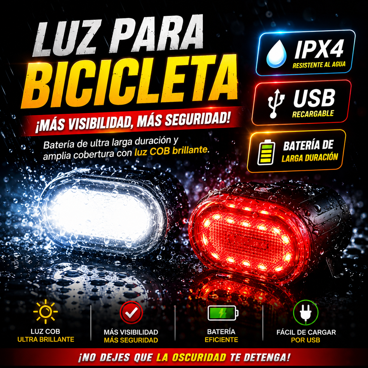 Luces LED Recargables USB para Bicicleta – Kit Delantero y Trasero Impermeable de Alta Visibilidad