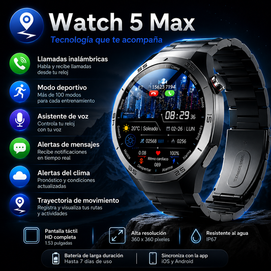 Watch 5 Max – Smartwatch AMOLED con GPS y Llamadas Bluetooth