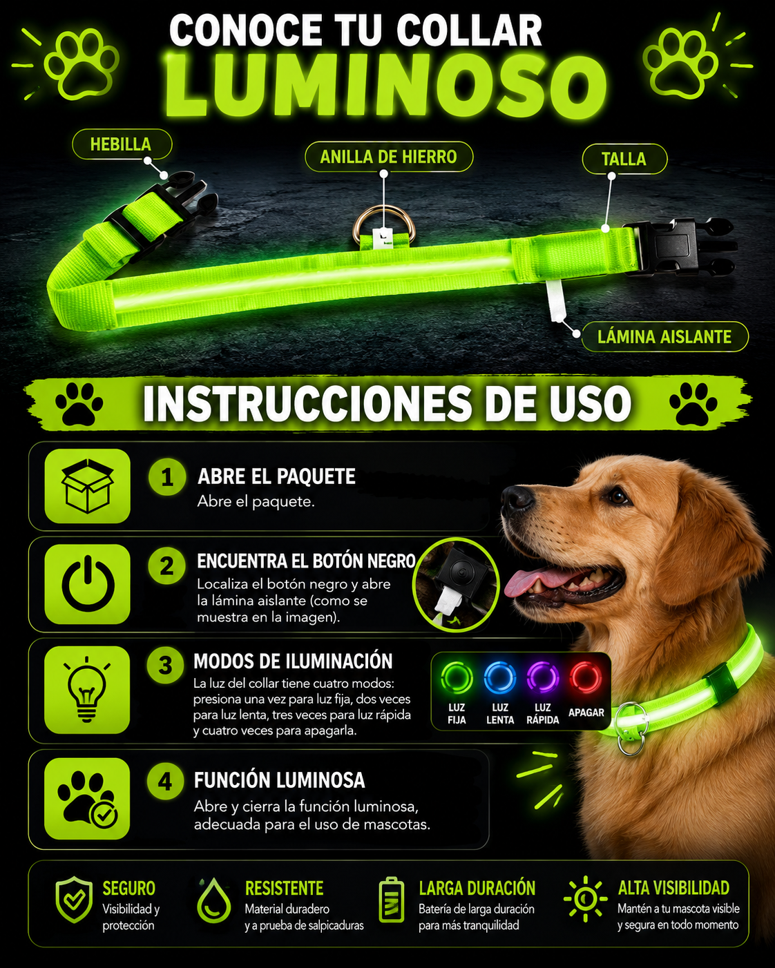 Collar Luminoso LED de Seguridad para Perros